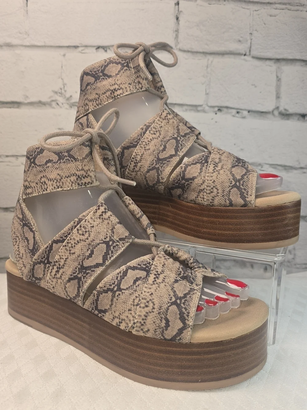 KELSI DAGGER SNAKE SKIN BEIGE LACE-UP PLATFORM SANDAL BOHO Y2K WOMENS 5.5